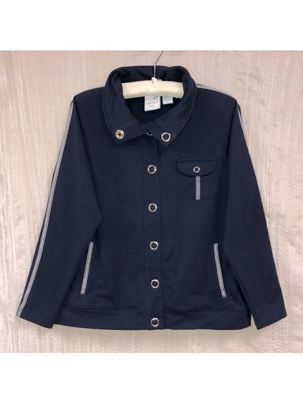 IActive PL Navy White Tripe Detail Snap Closure Mock Neck Athletic Jacket